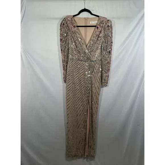 NWT $698 Mac Duggal [ 8 ] 5628 Long Sleeve Embellished Puff Sleeve‎ Gown Nude